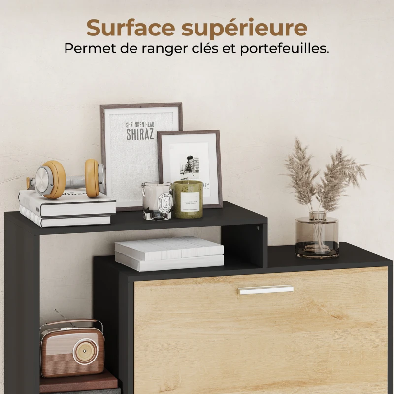 HOMCOM Meuble à chaussures 8 paires, armoire à chaussures étroite avec 2 tiroirs rabattables, 3 compartiments ouverts, noir
