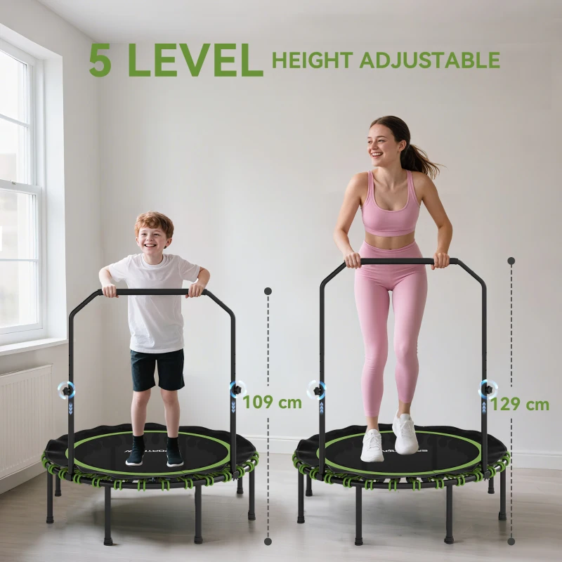 SPORTNOW Trampolina fitness z regulowanym poręczem, trampolina sportowa do użytku wewnętrznego i zewnętrznego, stal, plastik, zielona