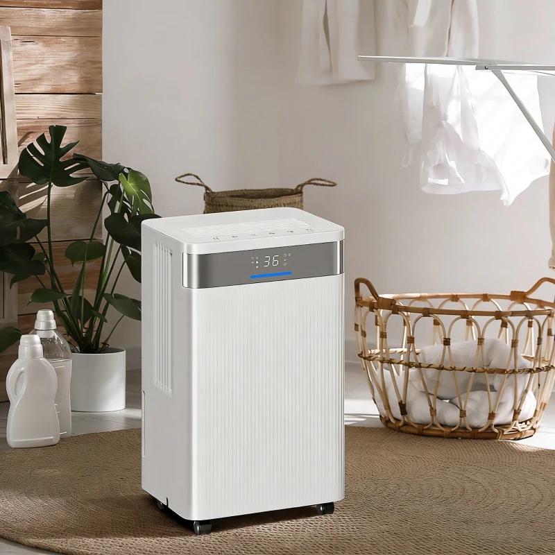 HOMCOM Deshumidificador 12L/día Silencioso con 3 Modos Pantalla LED Temporizado 24H Bloqueo Infantil y Drenaje Continuo Blanco