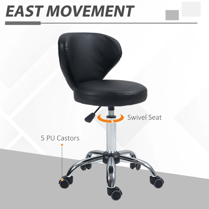 HOMCOM Rolling stool massage stool - 360° swivel work stool - seat adjustable 49-64H cm, ergonomic backrest - chrome metal black synthetic upholstery