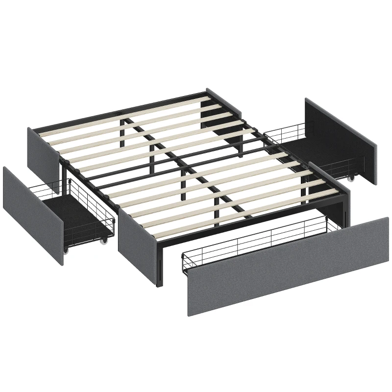 HOMCOM Lit coffre 140 x 190 cm, cadre de lit double rembourré avec 3 tiroirs, sommier à lattes en LVL, sans bruit, gris
