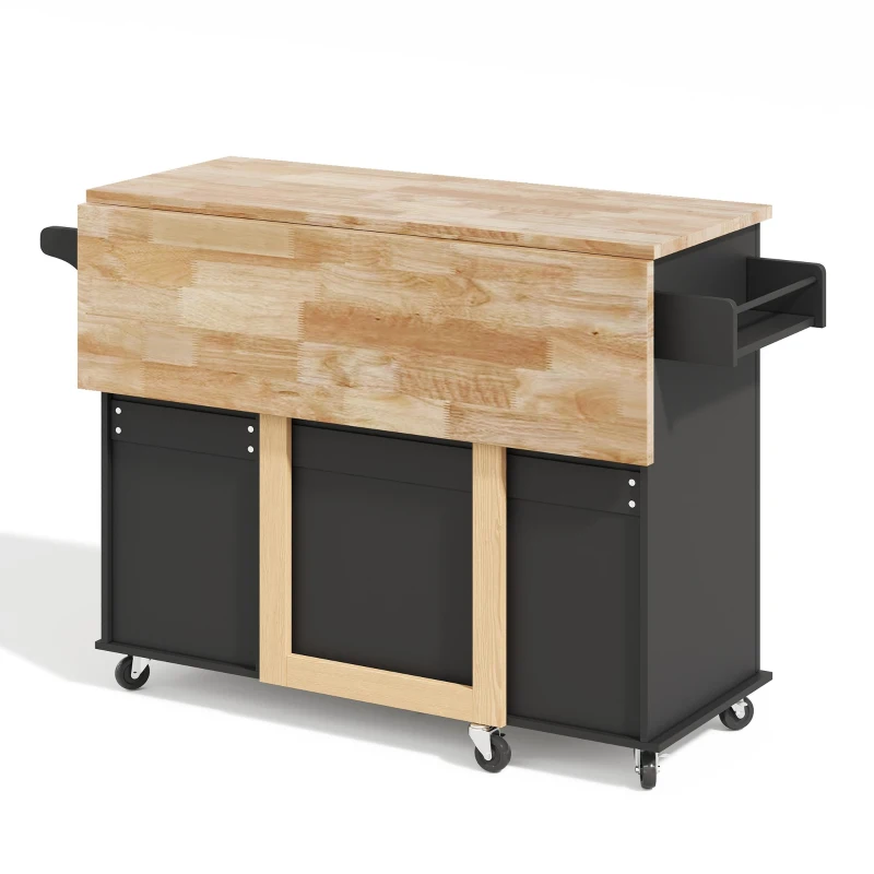 Große mobile Kücheninsel, klappbares Design, multifunktionaler Schrank mit 3 Schubladen, Handtuchhalter, 137 x 43/76 x 92 cm, Schwarz