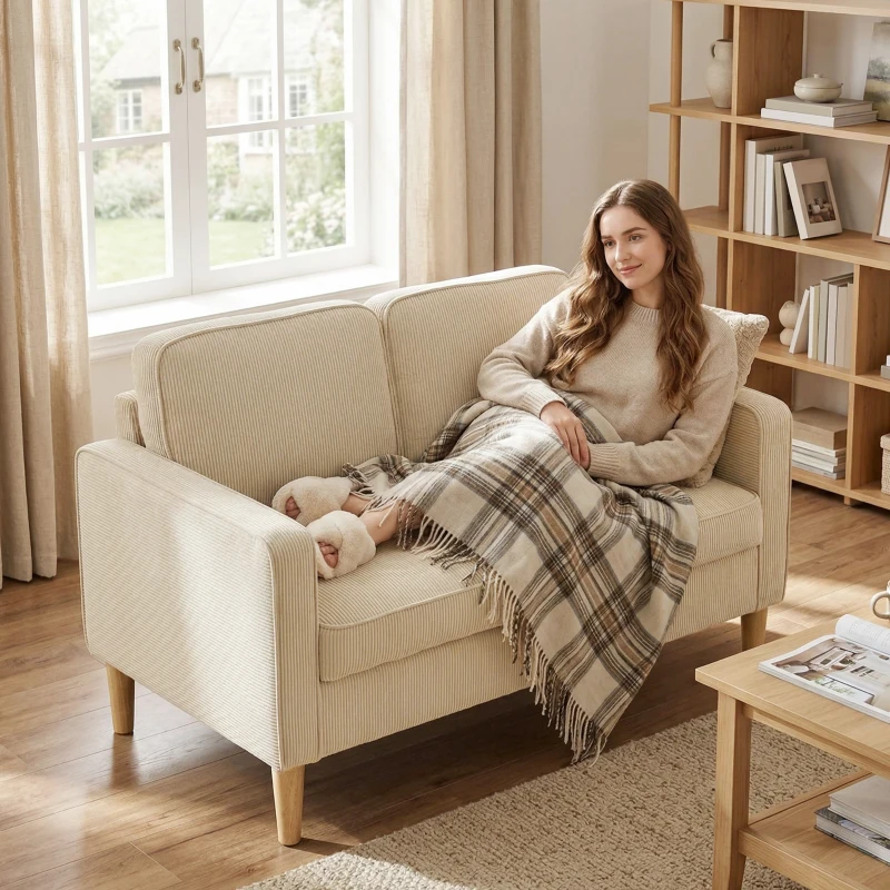 HOMCOM Canapea 2 locuri cu 2 perne decorative, depozitare, picioare din lemn masiv, loveseat mic modern, catifea côtelată, 117 x 63 x 79 cm, bej