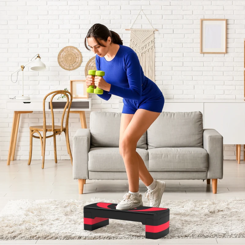 HOMCOM Step de Aeróbic para Fitness Antideslizante con Altura Regulable 3 Niveles 10/15/20 cm Carga 150 kg 80x31x20 cm Rojo