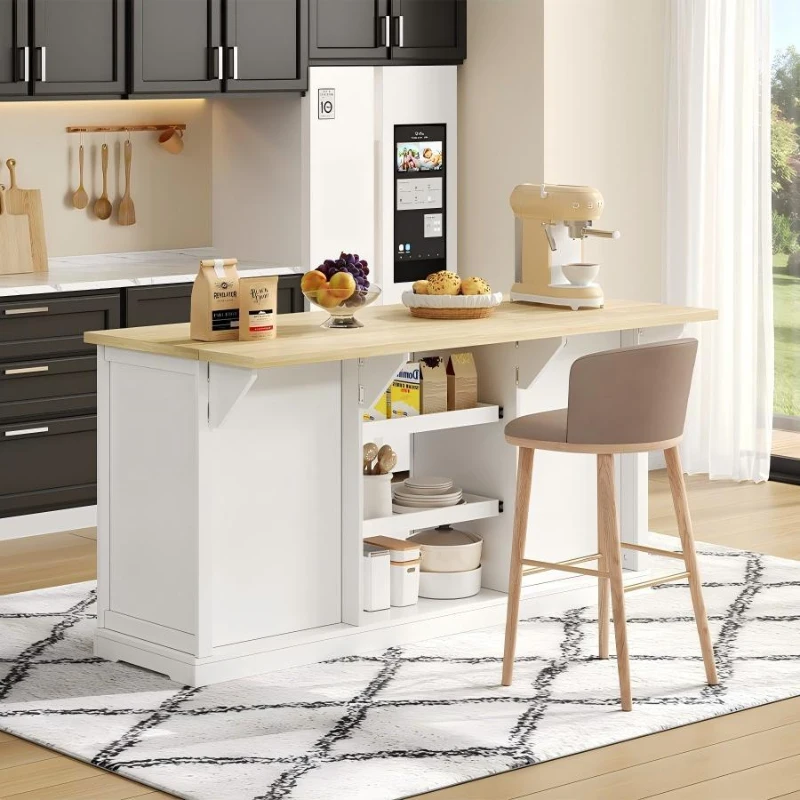 Kücheninsel mit klappbarer Erweiterungsplatte, 5 Schubladen und 2 Ausziehböden, 150x45/65x75,5 cm, Weiß