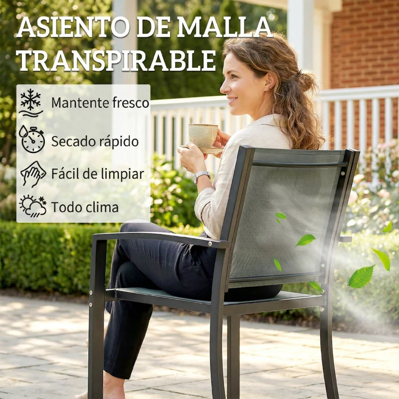 Outsunny Conjunto de Mesa y Sillas de Terraza Exterior 3 Piezas con 2 Sillas de Textilene Mesa de Vidrio Templado Gris Claro