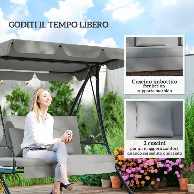 Outsunny Dondolo da Giardino 3 Posti con Tetto Reclinabile Trasformabile Letto in Poliestere Crema 209cm x 114cm x 170cm