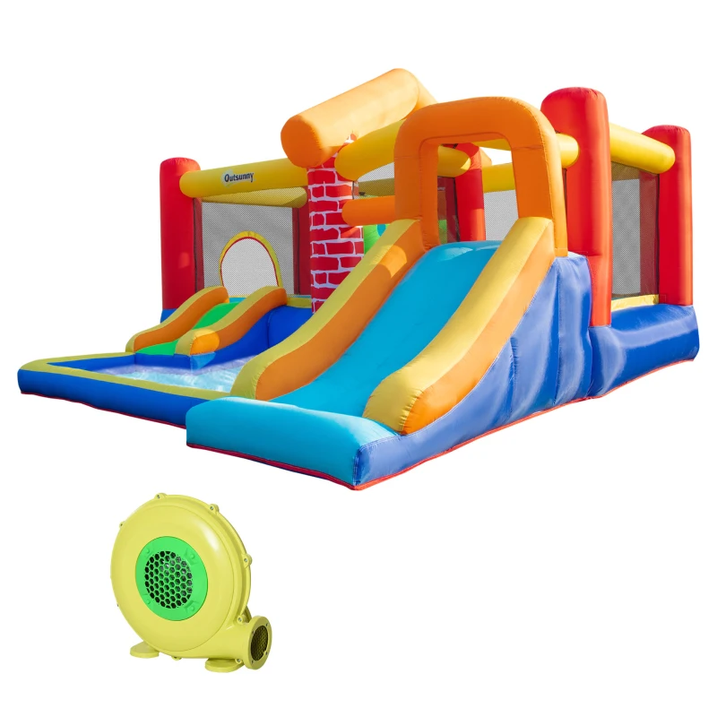 Outsunny Kids Bouncy Castle with Double Slides Pool Trampoline Climbing Wall w/ Blower