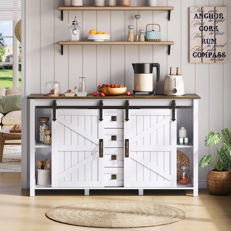 Sideboard mit Stauraum, mit Schiebetüren und 4 Schubladen, geeignet für Küche, Esszimmer und Wohnzimmer, 137 x 40 x 81,5 cm, Weiß