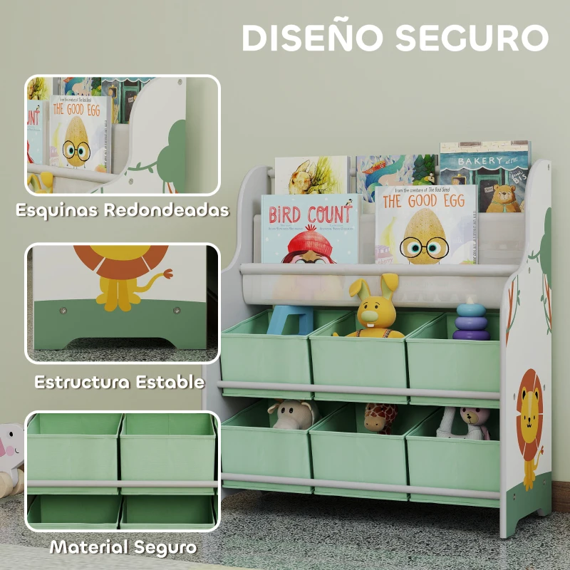 AIYAPLAY Estantería Infantil para Juguetes con 6 Cajas Extraíbles de Tela no Tejida y 2 Estantes para Guardería 63x30x71 cm Verde