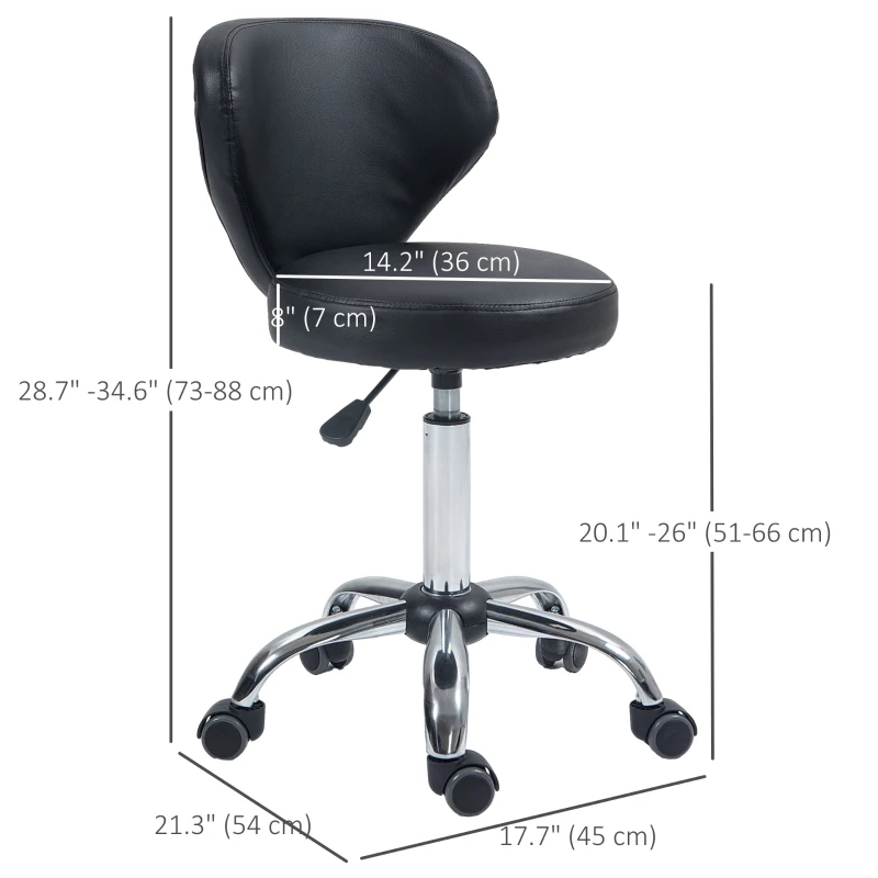 HOMCOM Rolling stool massage stool - 360° swivel work stool - seat adjustable 49-64H cm, ergonomic backrest - chrome metal black synthetic upholstery