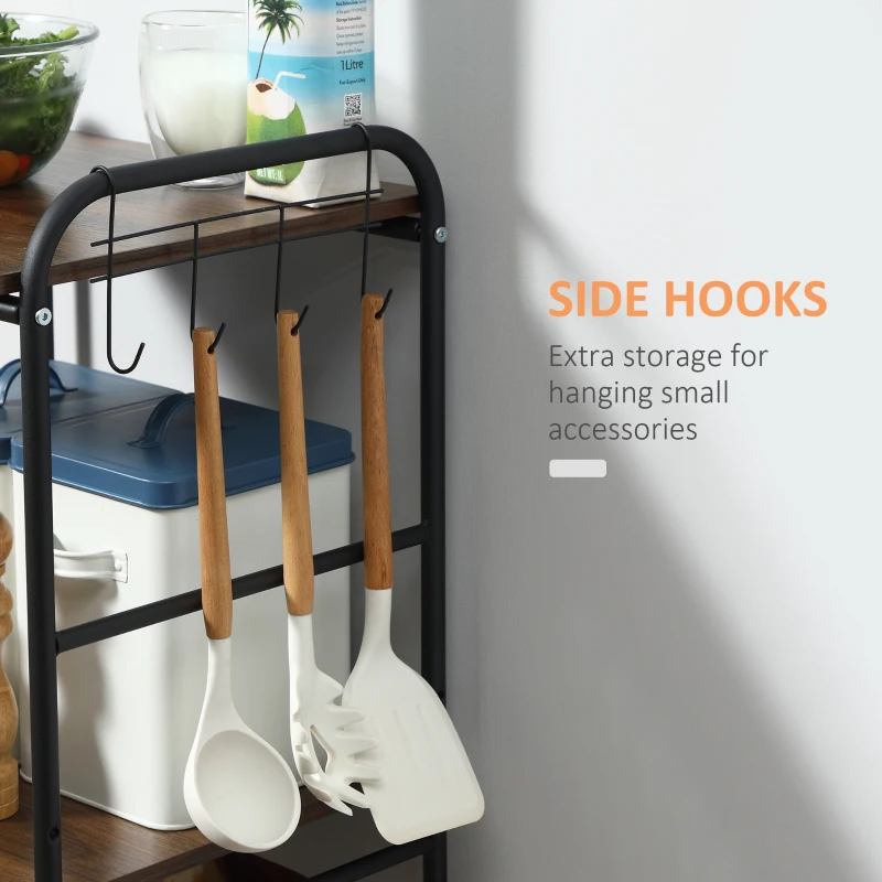 HOMCOM 4-Tier Rolling Kitchen Cart with 2 Baskets, Shelves and Side Hooks, 40 x 38 x 111 cm, walnut