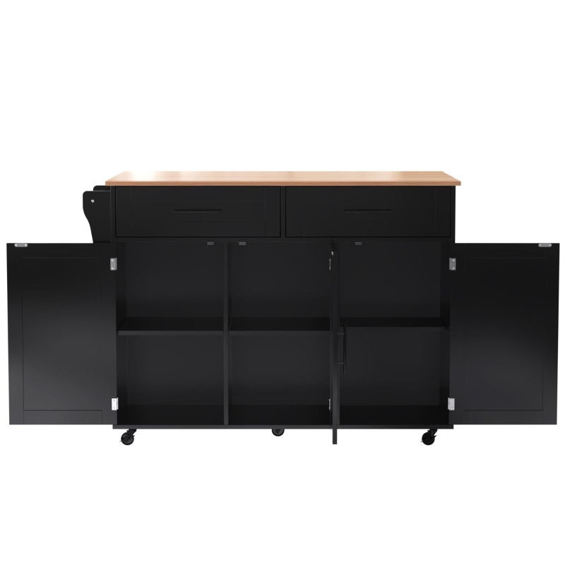 Kücheninsel auf 5 Rädern, ausklappbarer Klapptischplatte, 129x46/71x91,5 cm, Schwarz+Naturfarbe