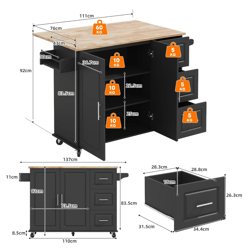 Große mobile Kücheninsel, klappbares Design, multifunktionaler Schrank mit 3 Schubladen, Handtuchhalter, 137 x 43/76 x 92 cm, Schwarz