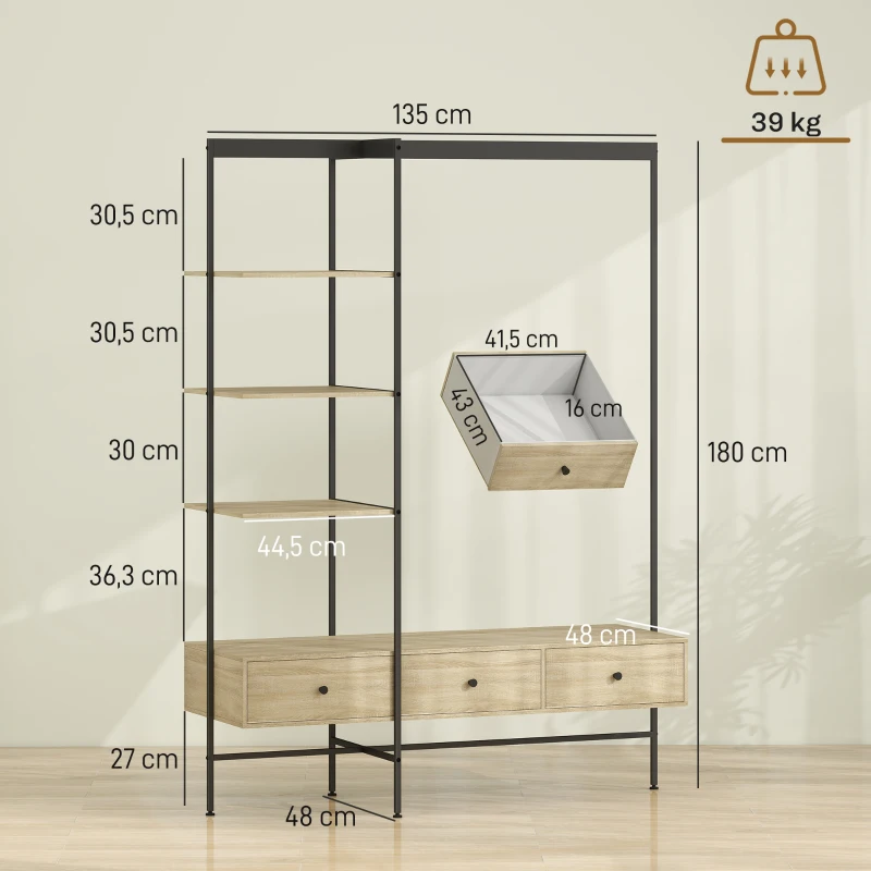 HOMCOM Porte-manteau avec étagères, tiroirs et tringle, portemanteau autoportant 180 cm style moderne, cadre métallique, Chêne