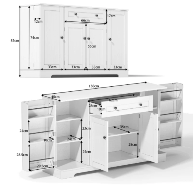 Multifunktionales Küchenbuffet, mit Schublade und Regaltüren, Modernes Design, 138 x 40 x 85 cm, Weiß