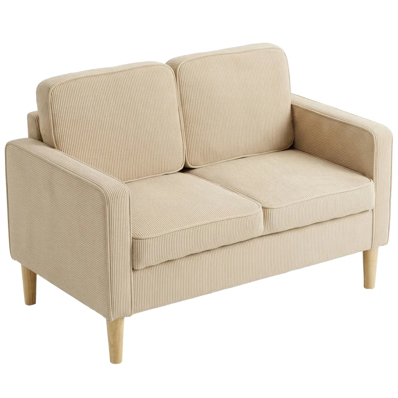 HOMCOM Canapea 2 locuri cu 2 perne decorative, depozitare, picioare din lemn masiv, loveseat mic modern, catifea côtelată, 117 x 63 x 79 cm, bej
