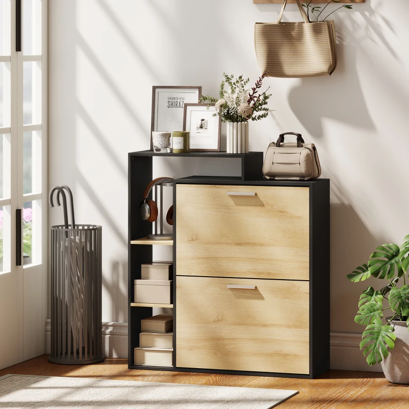 HOMCOM Meuble à chaussures 8 paires, armoire à chaussures étroite avec 2 tiroirs rabattables, 3 compartiments ouverts, noir