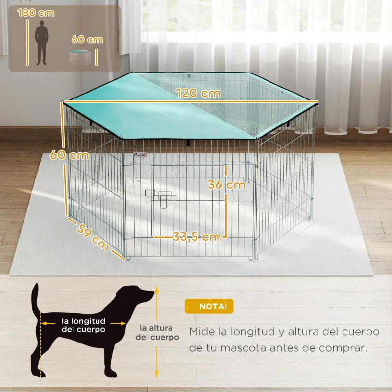 PawHut Parque de Juegos para Perros 6 Paneles 59x60 cm Plegables Empalme libre Valla Metálica para Mascotas con Puerta con Pestillo y Toldo Superior para Jardín Patio Exterior Plata