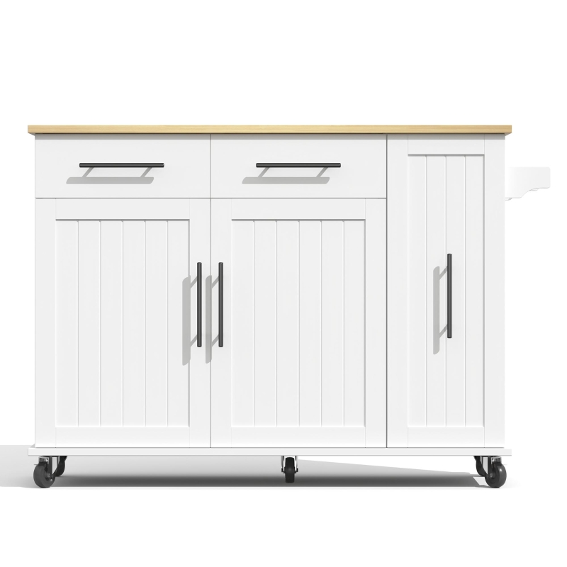 Mobile Kücheninsel mit ausklappbarer Arbeitsplatte, 3-stufigem ausziehbarem Schrank-Organizer, 120x40/65x90 cm, Weiß+Naturfarbe