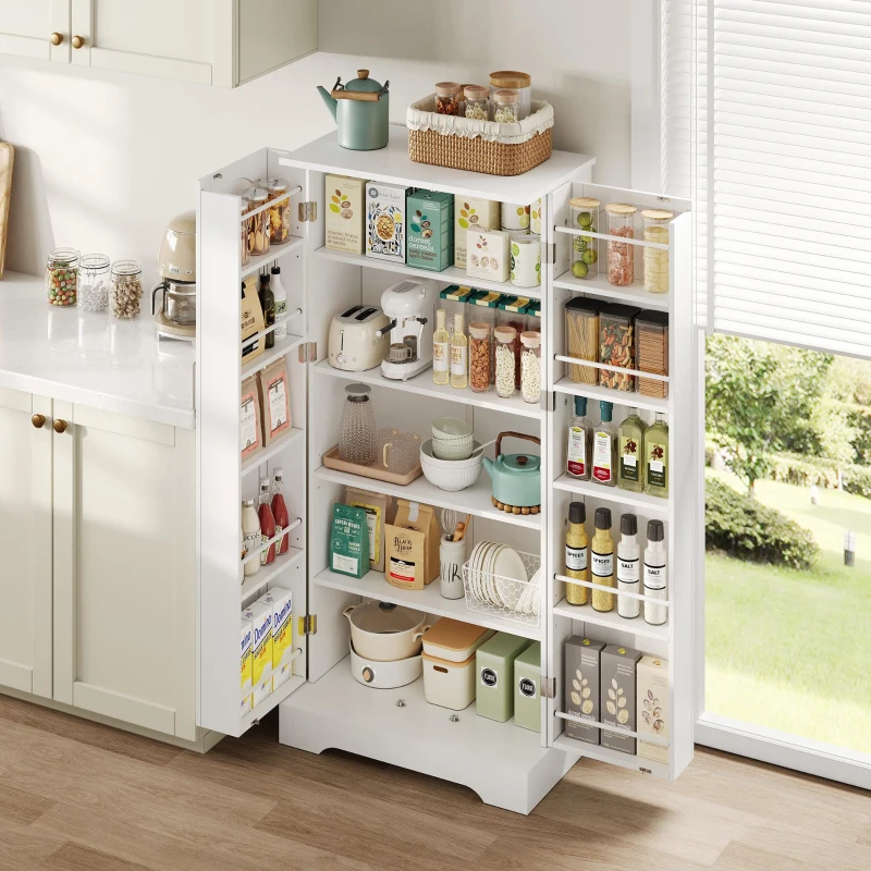 Multifunktionaler Küchenschrank mit LED-Sensorleuchte, Doppeltür mit Staufach, 60x35x128 cm, Weiß