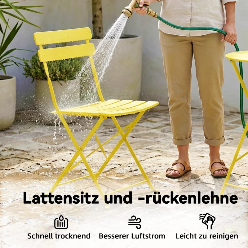 Outsunny 3-teiliges Garten Bistro Set Klappbar Bistrotisch mit 2 Stühlen Lamellen-Sitz Doppelt X-Beine Gelb