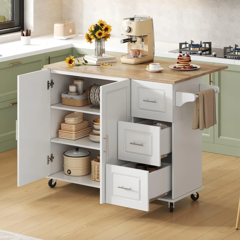 Große mobile Kücheninsel, klappbares Design, multifunktionaler Schrank mit 3 Schubladen, Handtuchhalter, 137 x 43/76 x 92 cm, Weiß