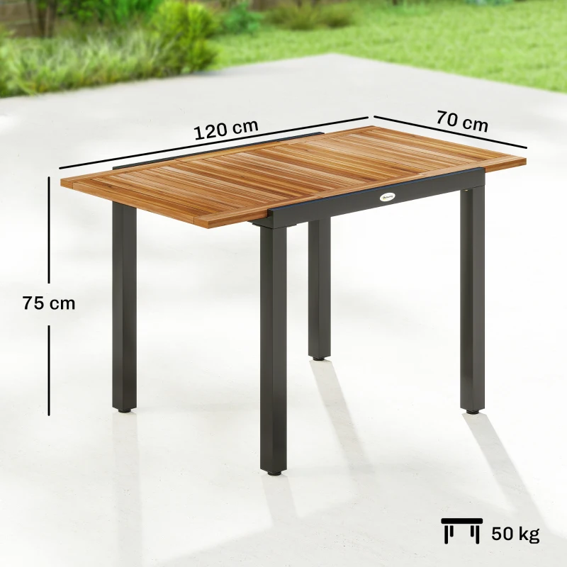 Outsunny Mesa de Jardín Extensible 120/80x70 cm Estructura de Acero y Tablero de Madera de Acacia para 4-6 Personas Natural