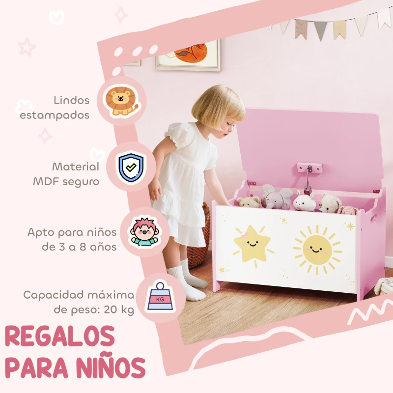 AIYAPLAY Caja de Almacenaje Juguetes 53L Baúl Juguetes Infantil con Tapa Abatible y Pistón de Gas para Sala de Juegos Rosa