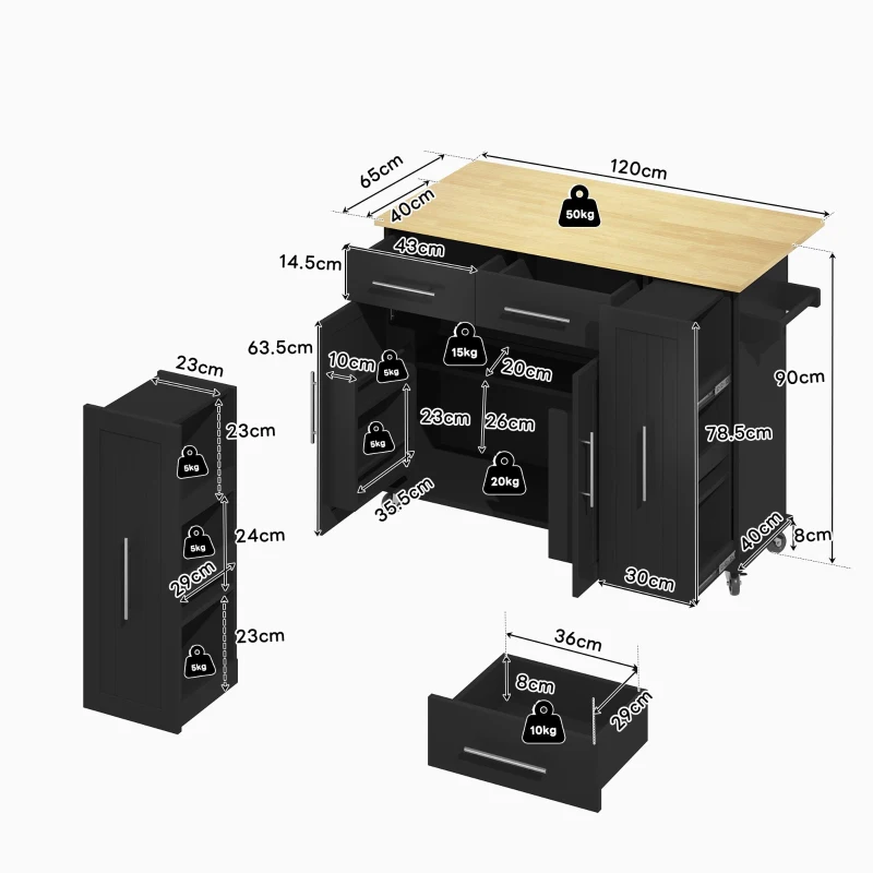 Mobile Kücheninsel mit ausklappbarer Arbeitsplatte, 3-stufigem ausziehbarem Schrank-Organizer, 120x40/65x90 cm, Schwarz+Naturfarbe