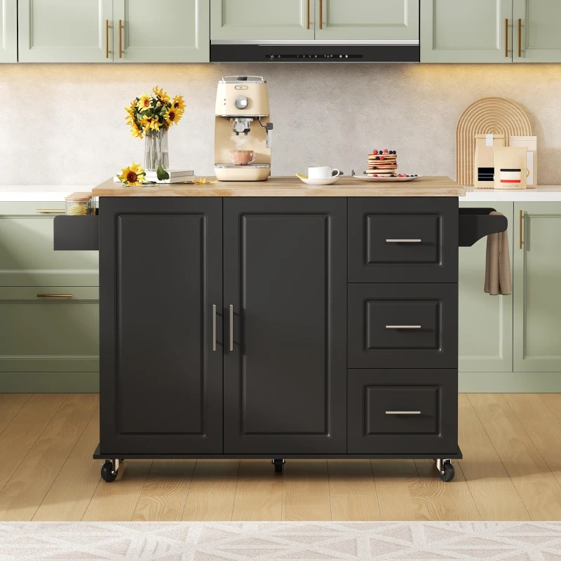 Große mobile Kücheninsel, klappbares Design, multifunktionaler Schrank mit 3 Schubladen, Handtuchhalter, 137 x 43/76 x 92 cm, Schwarz