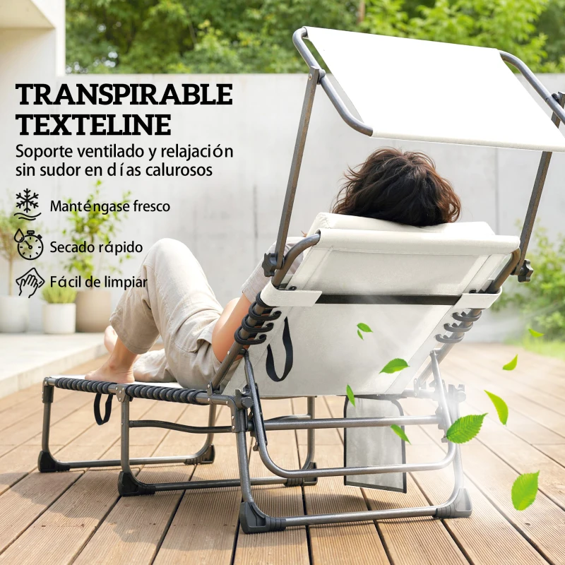 Outsunny Set de 2 Tumbonas Plegables con Reposacabezas Parasol Bolsillo Lateral y Respaldo Reclinable en 5 Posiciones Crema