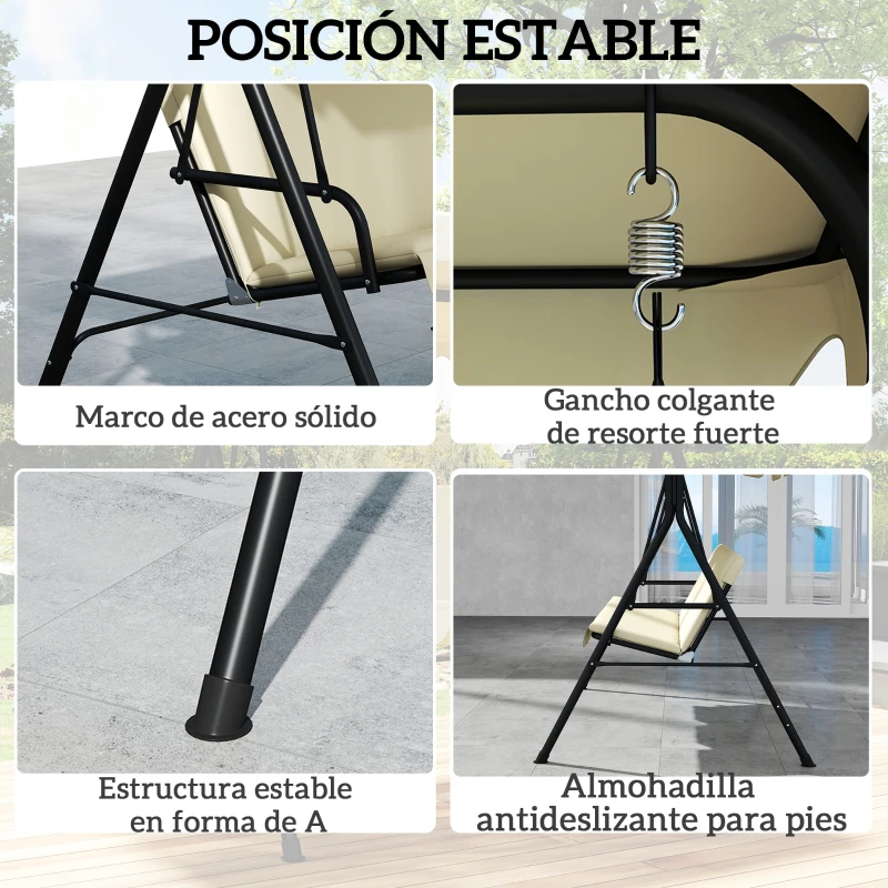 Outsunny Balancín de Jardín Exterior Columpio de 3 Plazas con Toldo Ajustable y Marco de Acero 172x118x153 cm Beige