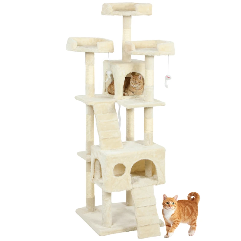 PawHut Árbol Rascador para Gatos Árbol para Gatos 153 cm con 2 Cuevas 3 Camas 2 Rampas Postes de Sisal Ratones Colgantes Crema