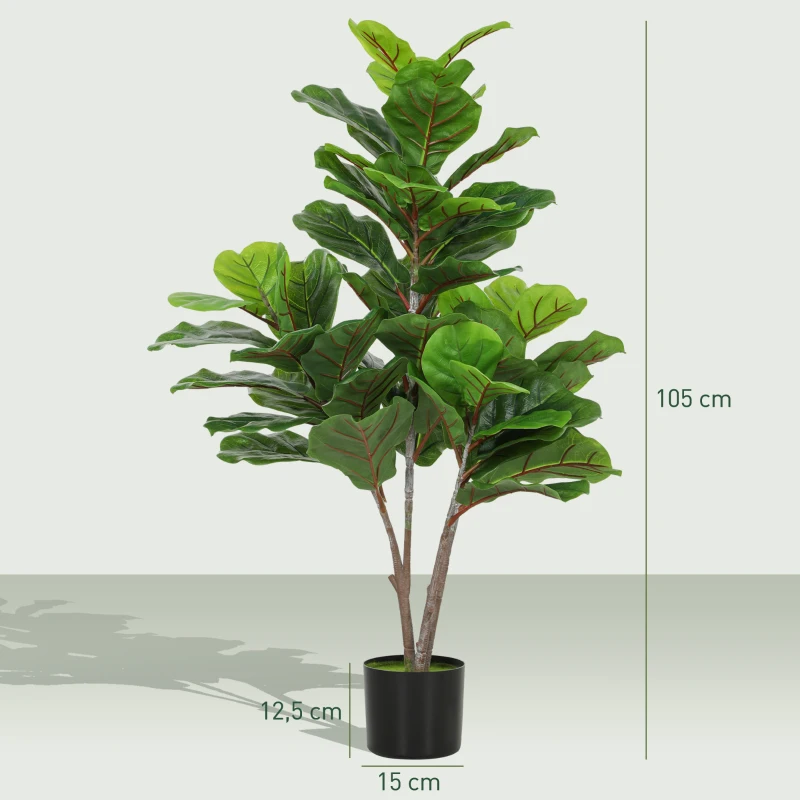 HOMCOM Decorative Artificial Plant, 110cm Faux Fiddle-Leaf Fig with Plastic Pot and Flocking, Indoor Fake Plant for Home or Office Decor, Green