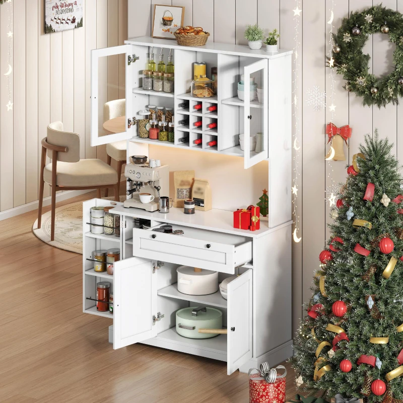 Küchen-Hochschrank mit Vitrine, fünf Türen, eine Schublade, verstellbaren Einlegeböden, 105x40x180 cm, Weiß