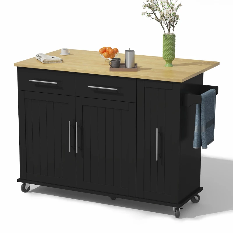 Mobile Kücheninsel mit ausklappbarer Arbeitsplatte, 3-stufigem ausziehbarem Schrank-Organizer, 120x40/65x90 cm, Schwarz+Naturfarbe
