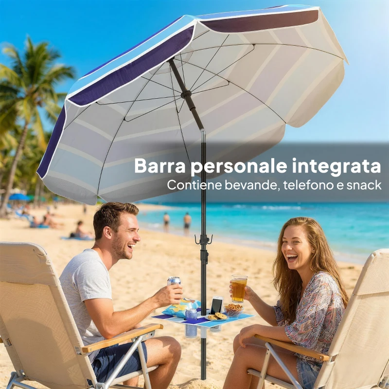 Outsunny Ombrellone da Spiaggia con Tavolino e Portabicchieri, in Metallo e Poliestere, Ø198x214 cm, Multicolore