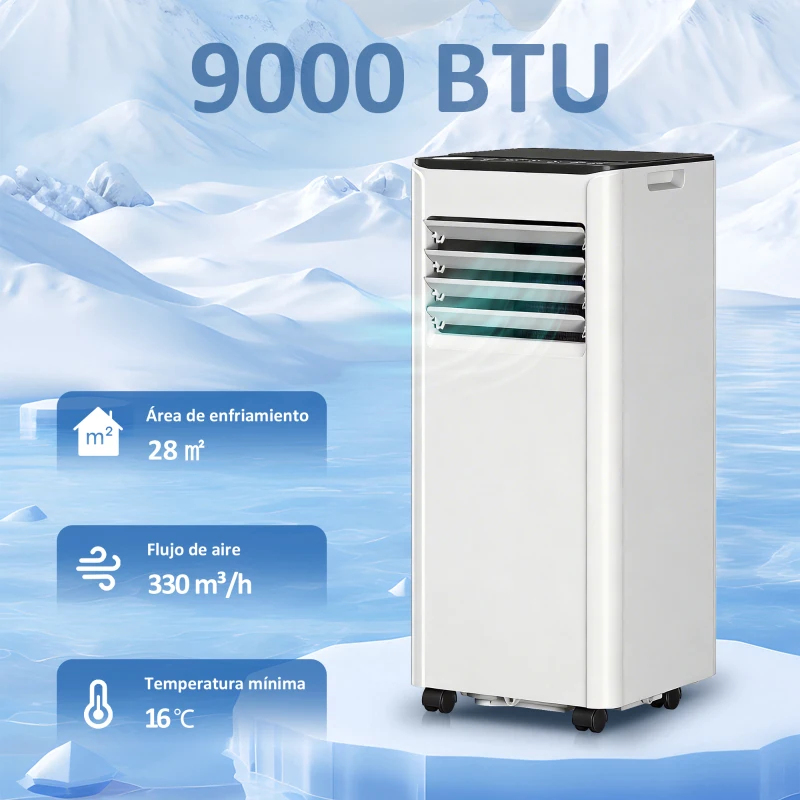 HOMCOM Aire Acondicionado Portátil 9000 BTU 4 en 1 Enfriamiento Deshumidificador Ventilador Temporizador para 28 m² Blanco