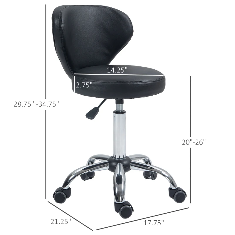 HOMCOM Rolling stool massage stool - 360° swivel work stool - seat adjustable 49-64H cm, ergonomic backrest - chrome metal black synthetic upholstery