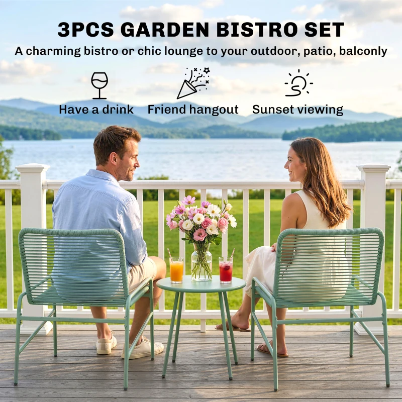Outsunny 3 Piece Rattan Bistro Set, Outdoor Garden Furniture Set with 2 Chairs, Round Coffee Table for Patio, Balcony, Green