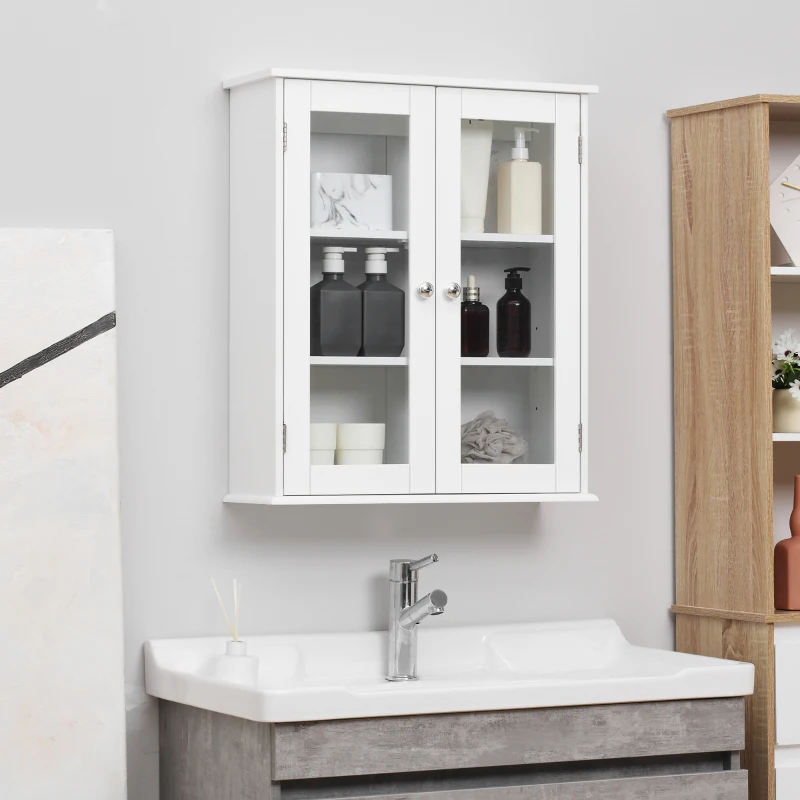 kleankin Bathroom wall cabinet, bathroom wall unit with 2 glass doors, adjustable shelf, 55x20x65cm, white