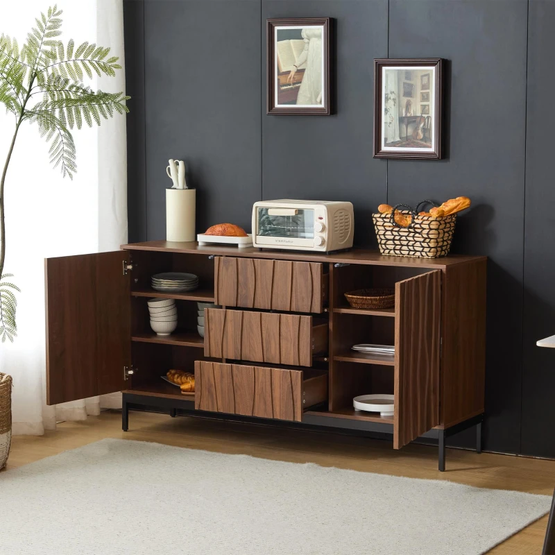 Sideboard mit 3 Schubladen, Mid Century Modern Dekorativer Schrank für Küche, Wohnzimmer, 150 x 40 x 80 cm, Braun