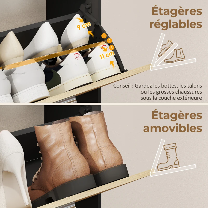 HOMCOM Meuble à chaussures 8 paires, armoire à chaussures étroite avec 2 tiroirs rabattables, 3 compartiments ouverts, noir