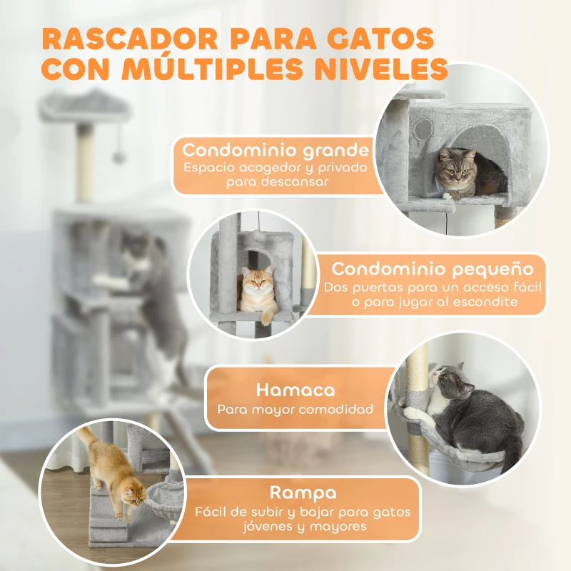 PawHut Árbol Rascador para Gatos 140 cm con Plataformas Cama 2 Cuevas Hamaca Escalera Postes de Sisal Gris Claro
