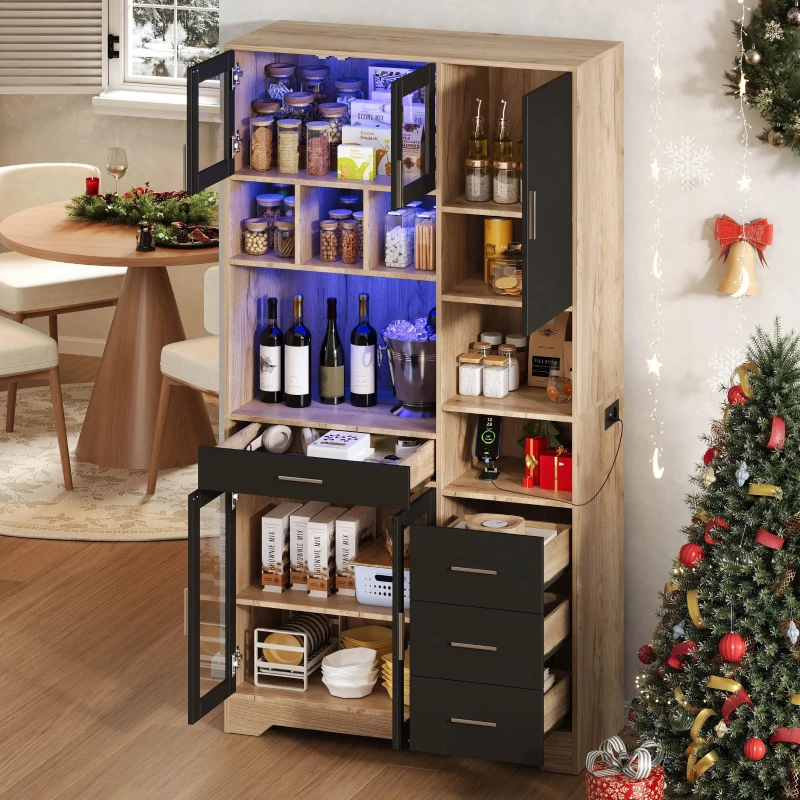 Vintage-Hochschrank im Bauernhausstil, LED-Lichtleiste mit Farbwechsel, 100 x 40 x 185 cm, Schwarz+Naturfarbe