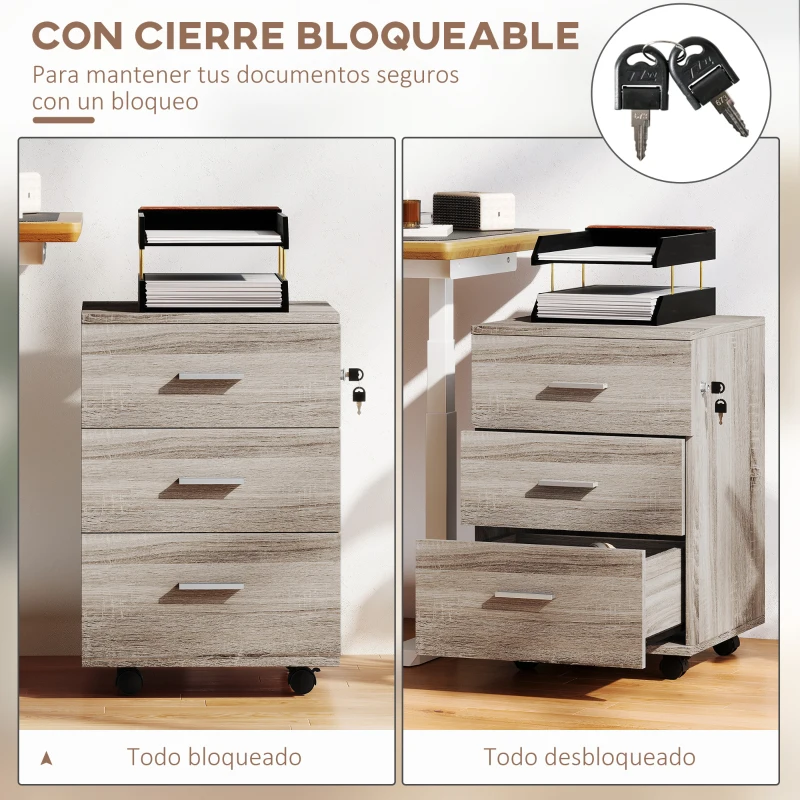 Vinsetto Cajonera de Escritorio con 3 Cajones Ruedas Cerradura 2 Llaves Archivador Móvil para Estudio Salón 40x40x61,5 cm Gris
