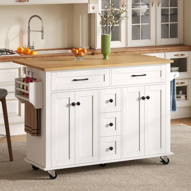Multifunktionaler Küchenwagen mit ausklappbarer Arbeitsplatte, 140x40/65x89 cm, Weiß+Naturfarbe