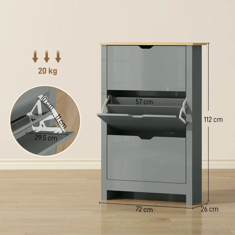 HOMCOM Slim Shoe Cabinet, Narrow Shoe Cupboard with 3 Flip Drawers, Adjustable Shelves for 18 Pairs of Shoes, Light Grey