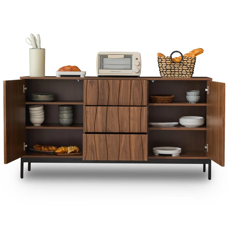 Sideboard mit 3 Schubladen, Mid Century Modern Dekorativer Schrank für Küche, Wohnzimmer, 150 x 40 x 80 cm, Braun